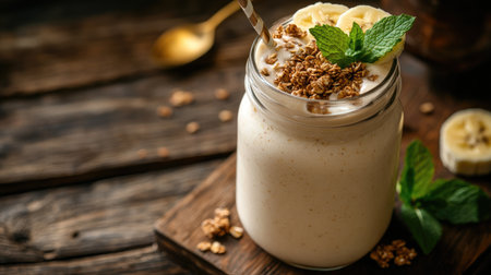 Mason jar filled with a refreshing smoothie, adorned with granola, banana slices, and mint leaves, on aの素材