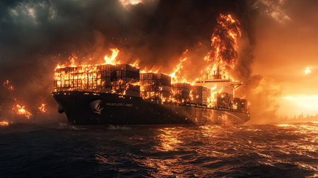 Engulfed in flames, a massive container ship burns fiercely in the middle of the ocean,fの素材