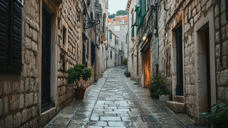 The medieval streets of Dubrovnik, Croatia, with ancient walls and narrow alleys, completely empty of people.の素材