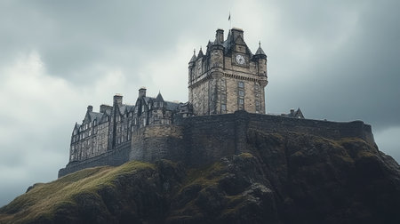 The majestic Edinburgh Castle in Scotland, perched on a rocky hill, photographed without any visitors.の素材