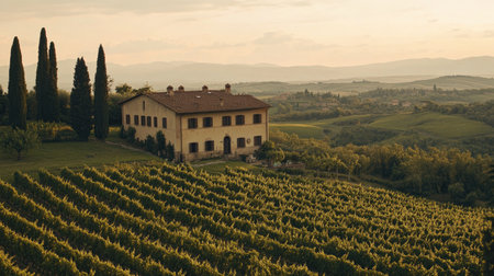The peaceful countryside of Tuscany, Italy, with rolling hills, vineyards, and historic villas, captured without any peopleの素材