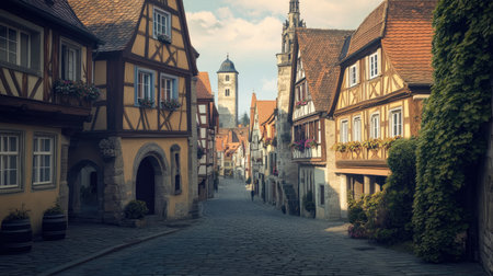 The historic streets of Rothenburg ob der Tauber in Germany, with half-timbered houses and cobblestone pathsの素材