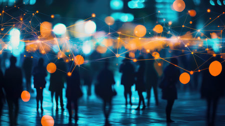 Silhouettes of people connected by a glowing network of lights, symbolizing globalization and technological integration.の素材