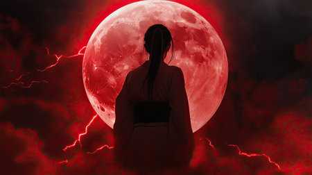 Under a blood-red moon, a Japanese singer stands on a spiritual stage, lightning cutting through the moonの素材