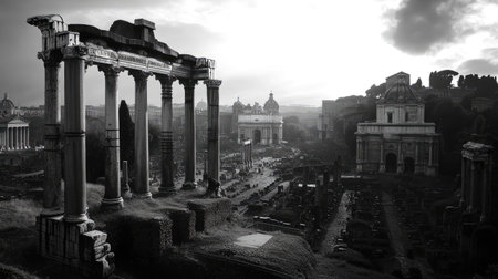 The ancient ruins of the Roman Forum in Rome, Italy, standing in silence with no visitors around.の素材
