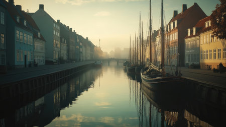 The peaceful canals of Copenhagen, Denmark, with historic buildings and boats, captured in a moment of complete stillnessの素材