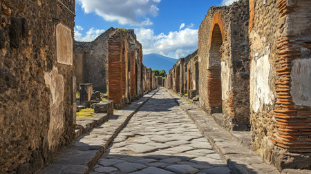 The historic ruins of Pompeii, Italy, with ancient streets and buildings standing in silence, free of tourists.の素材