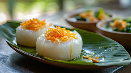 A detailed close-up of three Khanom Thai desserts, with a focus on the soft, bubble-free surface and traditional banana leaf bowls.の素材