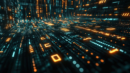 A dynamic background of binary code and digital circuits, perfect for representing high-tech operations and data processingの素材