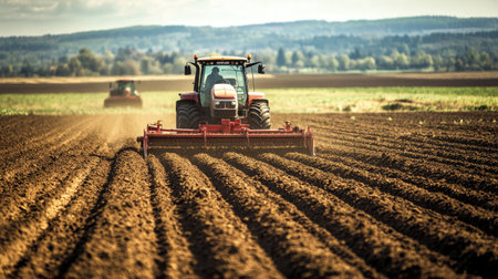 Tractors plowing through the soil in a large field, preparing the land for the next planting season, depicting modern farming techniques.の素材