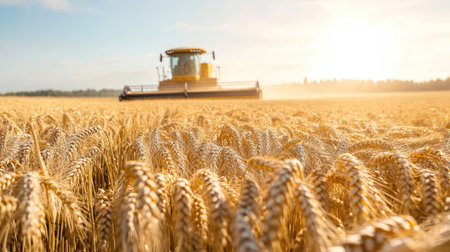 Golden wheat fields under a bright sun, with a combine harvester in the distance, capturing the essence of modern agricultureの素材