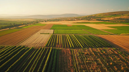 Aerial view of a sprawling agricultural landscape with neatly arranged fields and irrigation systems, showcasing efficient farming practicesの素材