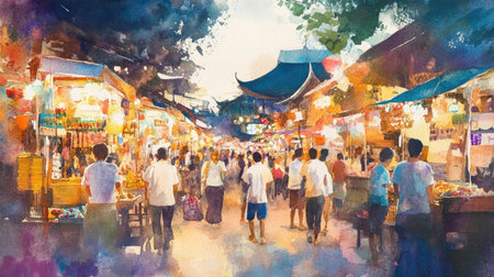 A dynamic watercolor depiction of Chiang Mai's bustling night market, featuring lively crowds, colorful crafts, and delicious street foodの素材