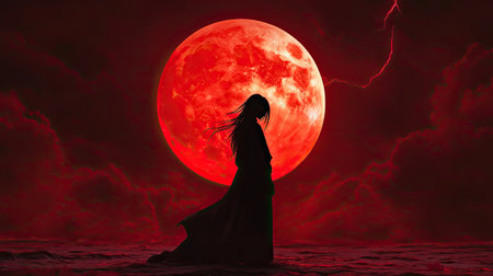 Under a blood-red moon, a Japanese singer stands on a spiritual stage, lightning cutting through the moonの素材