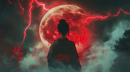 A spiritual nexus under a blood moon, a Japanese singer at the center, lightning strikes the moon,の素材