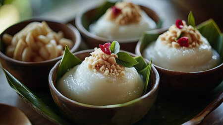 A close-up of three Khanom Thai desserts, with smooth, creamy surfaces and delicate banana leaf bowlsの素材