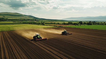 Tractors plowing through the soil in a large field, preparing the land for the next planting season, depicting modern farming techniquesの素材