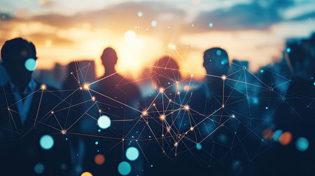 Silhouettes of people connected by a glowing network of lights, symbolizing globalization and technological integration.の素材