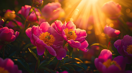 Close-up view of magenta and golden peony flowers in a garden, with lighting that brings out their rich colors and intricate detailsの素材