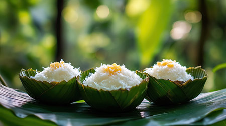 A beautifully crafted image of three Khanom Thai, a sweet dish made with coconut creme, tapioca starch, and sugar,の素材