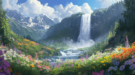 A cascading waterfall surrounded by vibrant wildflowers, creating a magical and idyllic landscape that captivates the sensesの素材