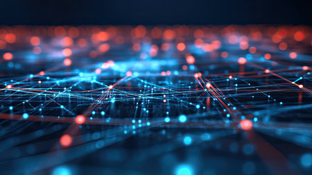 A digital matrix with interconnected nodes and lines, symbolizing the flow of information in advanced technology systems.の素材