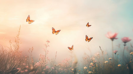 Butterflies in flight across a beautiful, ethereal landscape, with soft colors and gentle light contributing to a magicalの素材