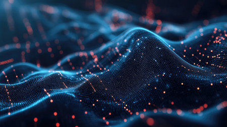 A futuristic digital grid with flowing data lines, representing technological operations, AI, and data transmissionの素材