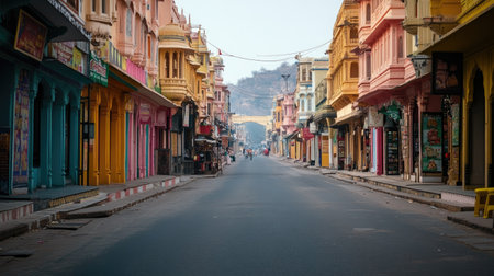 The vibrant streets of Jaipur, lined with colorful buildings and markets, completely empty, showcasing India's cultural richness in silenceの素材