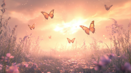 Butterflies in flight across a beautiful, ethereal landscape, with soft colors and gentle light contributing to a magicalの素材