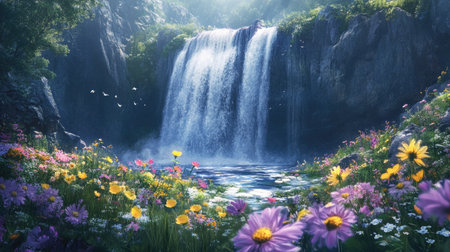 A cascading waterfall surrounded by vibrant wildflowers, creating a magical and idyllic landscape that captivates the sensesの素材