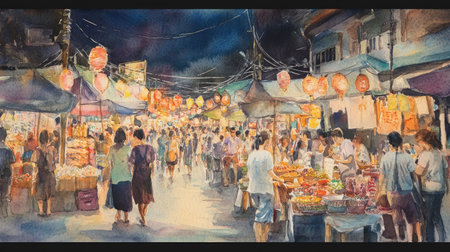 A dynamic watercolor depiction of Chiang Mai's bustling night market, featuring lively crowds, colorful crafts, and delicious street foodの素材