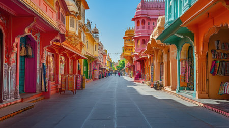 The vibrant streets of Jaipur, lined with colorful buildings and markets, completely empty, showcasing India's cultural richness in silenceの素材