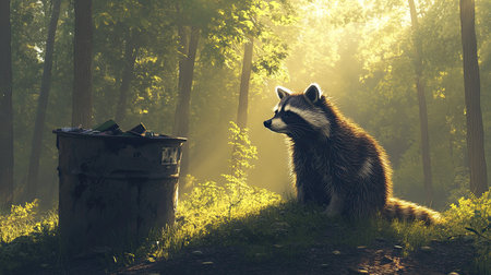In a sunlit forest, a curious raccoon explores a trash bin during the early morning hours, with soft light illuminating the tranquil settingの素材