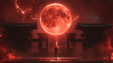 A blood moon casts a crimson glow over a spiritual nexus, with a Japanese singer at the centerの素材