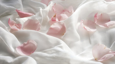 A serene scene of soft pink petals scattered on white fabric, bathed in gentle natural light, emphasizing the softnessの素材