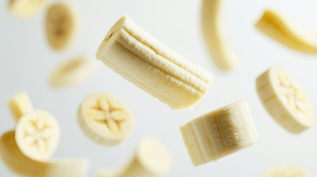 Banana pieces in mid-air, perfectly isolated on white, with full depth of field emphasizing their fresh, tender appearance.の素材