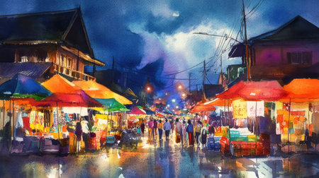 A colorful watercolor scene of Chiang Mai's night market, capturing the vibrant stalls, street vendors, and lively evening crowdの素材