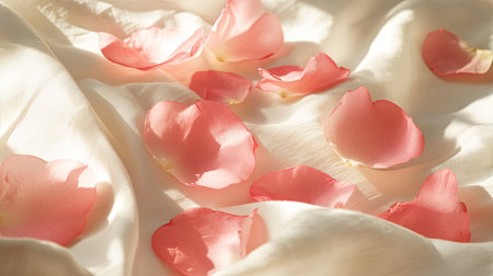 Scattered pink petals on soft white fabric, with natural light enhancing the gentle, serene atmosphere of the setting.の素材