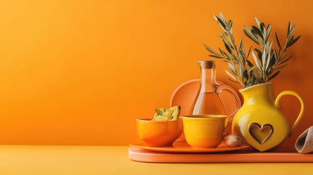 An inviting setup of household items on orange crockery with vegetarian food and heart-shaped olive oil on an orange backdropの素材