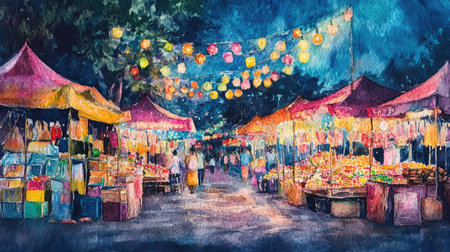 A vibrant watercolor painting of Chiang Mai's night market, with colorful stalls, street food, and twinkling lights capturingの素材