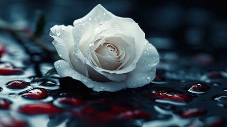 A white rose, close-up, lying in a pool of blood with red droplets on its petals, emphasizing the contrast of innocence and violenceの素材