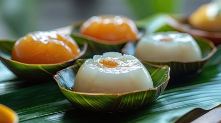 A detailed close-up of three Khanom Thai desserts, with a focus on the soft, bubble-free surface and traditional banana leaf bowls.の素材