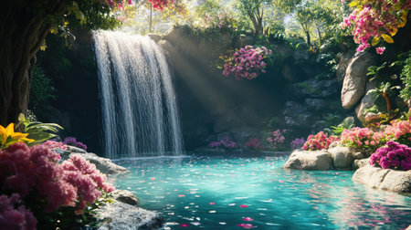 A tranquil scene of a waterfall flowing into a crystal-clear pool, bordered by blooming flowers and lush greenery.の素材