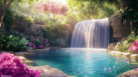 A tranquil scene of a waterfall flowing into a crystal-clear pool, bordered by blooming flowers and lush greenery.の素材