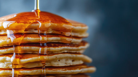 A stack of pancakes dripping with maple syrup, shot in close-up to emphasize their fluffy, golden-brown texture and rich flavorの素材