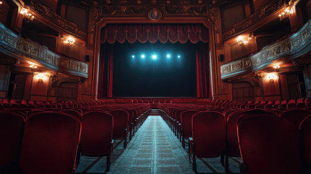 Empty theatre auditorium, showcasing the majestic architecture and serene atmosphere before the curtains rise.の素材