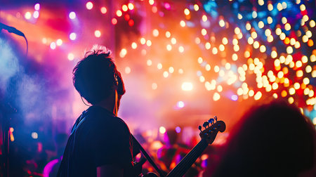 A musician and lead singer performing together on stage at a music festival, surrounded by vibrant lights and an energetic atmosphere.の素材