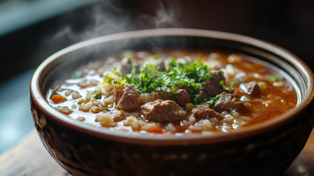 Steaming hot bowl of Russian kharcho soup, filled with tender meat and rice, with room for copy space.の素材