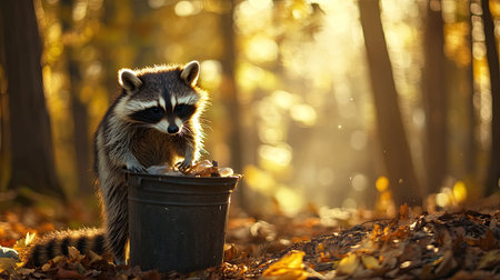 A curious raccoon rummages through a trash bin in a sunlit forest, bathed in the soft, golden light of early morning, surrounded by natureの素材